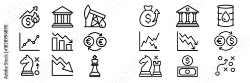Essential business and finance icons set featuring stock market graphs, currency exchange, and strategic planning symbols