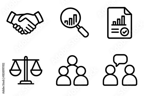 Essential business and legal concepts covering agreement, analysis, justice, and teamwork