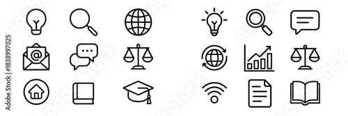 Outline icons set for education, business, communication, and legal concepts