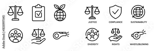 Outline icons representing key concepts of business ethics, compliance, sustainability, and diversity