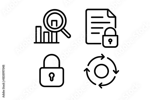 Set of four essential business and data security line icons for web and mobile interfaces