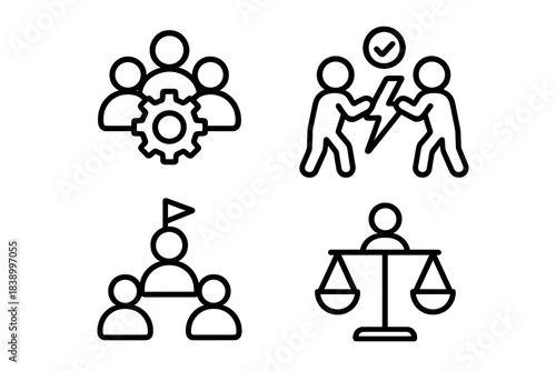 Business management, organizational structure, conflict, and justice icons