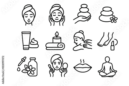 Collection of outline icons for beauty, spa, wellness, and relaxation treatments