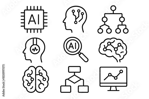 Deep learning and cognitive technology symbols featuring brain, processor, and data analysis