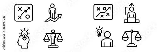 Business strategy, professional growth, creative idea generation, leadership, and justice symbols