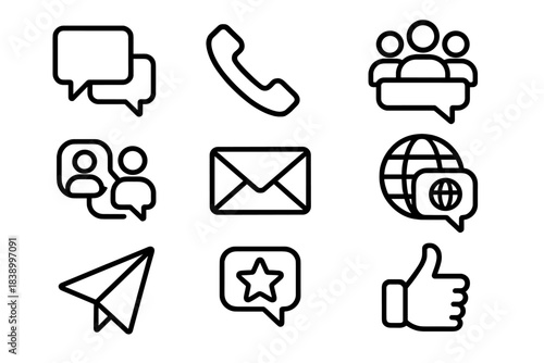 Outline symbols for modern digital communication, social media, and contact methods