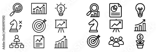 Symbols representing business strategy, financial analysis, marketing planning, and corporate growth