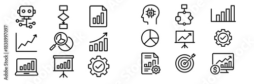 Comprehensive set of business analytics, artificial intelligence, and strategic planning line icons