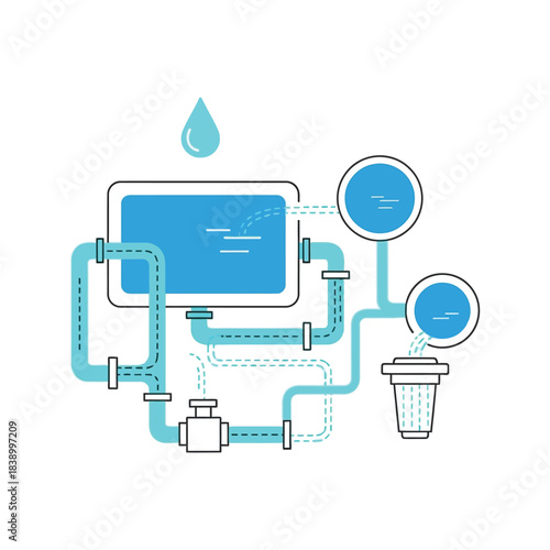 Water filtration system diagram with pipes and tank isolated on white background