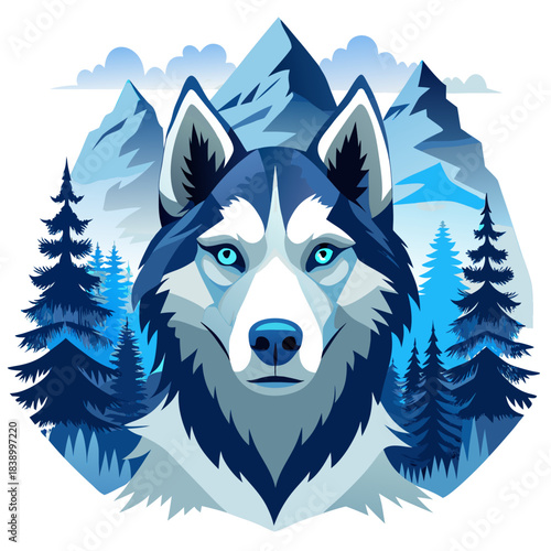 Siberian husky portrait with snowy mountains and pine trees background