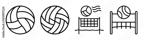 Volleyball game sport line art icon set. ball and net symbol