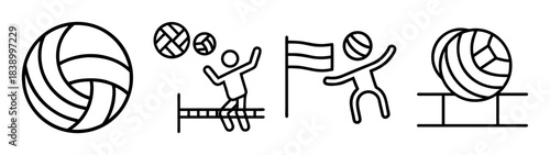 Volleyball sport game player and ball activity outline icon set