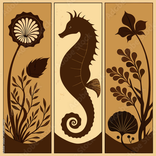 Art nouveau style triptych with seahorse and stylized flora