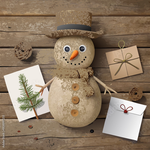 Textured snowman with holiday decorations on rustic wood background