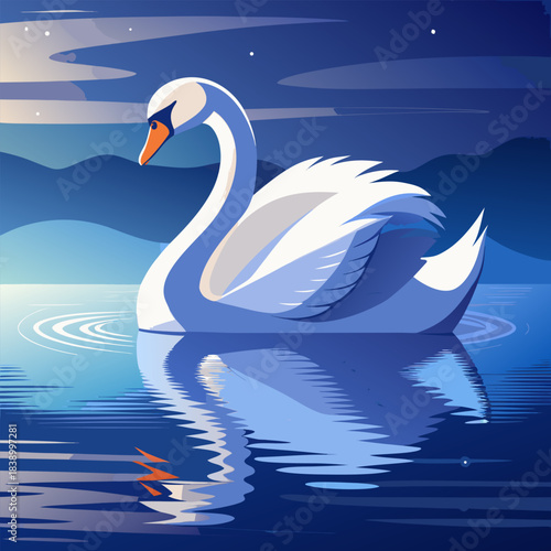 Stylized swan floating on water at dusk or night