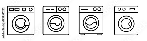 Modern laundry washing machine appliance set vector line icons