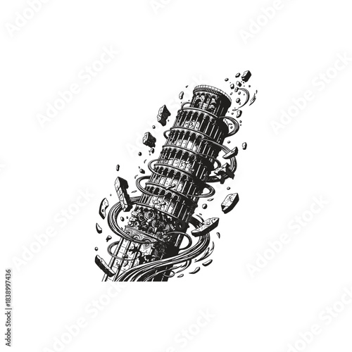 Surreal Tower of Pisa illustrated with dynamic movement, surrounded by swirling debris and breaking rocks