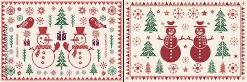 Vintage vector illustration set of Chinese New Year greeting card with winter holiday decoration pattern, snow, and a frame for the celebration