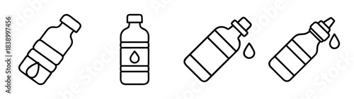 Water and liquid bottle outline icons with falling drops set