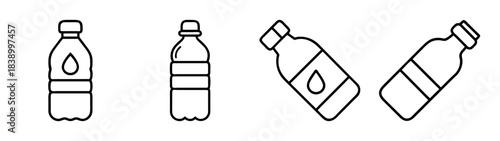 Outline water bottle icons set with drop symbol, beverage containers.