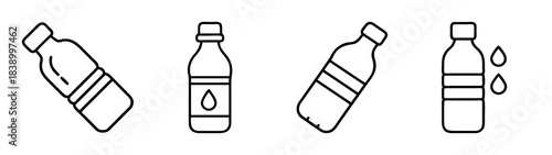Line art icons of various plastic water bottles and water drops