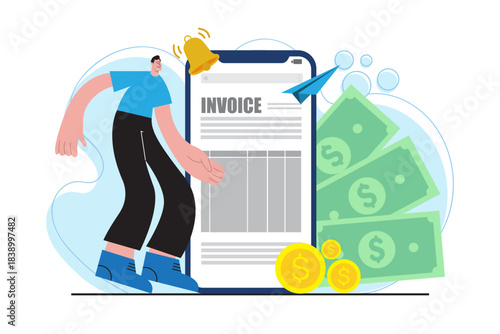 Mobile invoice reminder illustration with financial notification, digital payment, online billing, and money management for accounting apps, business finance, and automated payment systems.