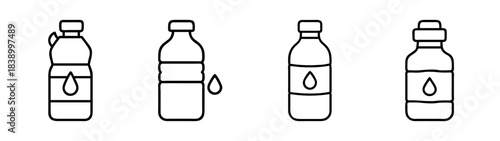 Line art icons of various bottles for water and liquid products