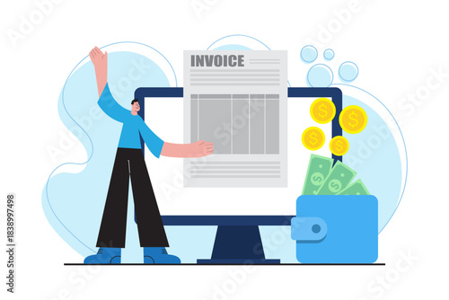 Illustration of digital invoice management with online payment, financial transaction, money wallet, and business billing process for finance apps, accounting systems, and automated billing solutions.