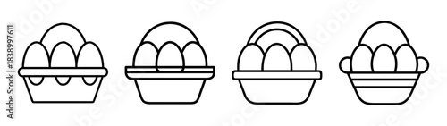Line art icons of assorted baskets with eggs, simple design set