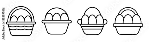 Line art icons: various baskets filled with eggs, simple vector set