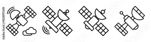 Line art satellite icons for communication, internet, and data