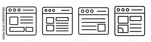 Web page layout line icons presenting diverse interface structures
