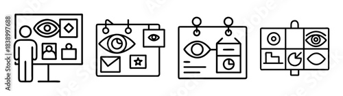 Analytics, insights, and data presentation line art icon collection.