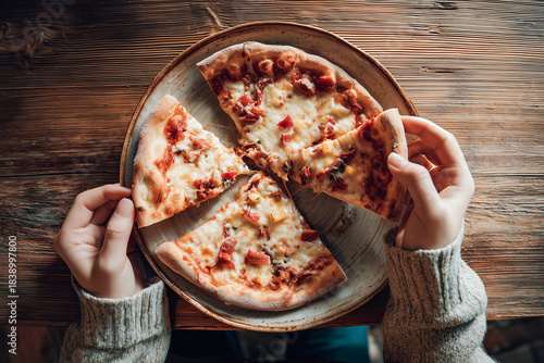 Hands holding cheesy pizza slices on a rustic plate over a wooden table, showcasing melty toppings and a crisp, golden crust in warm natural light.