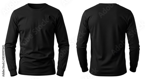 Classic black longsleeve tshirt, front and rear perspective, ideal for apparel branding and customization, isolated on white background