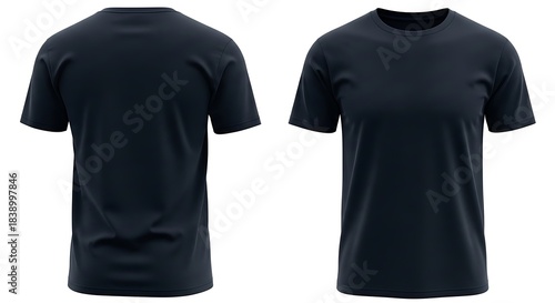 Blank black tshirt, front and back views, ideal for custom design mockups, casual wear, and fashion branding, isolated on white background