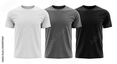 Three blank tshirts in white, grey, and black colors, perfect for design mockups and apparel branding, isolated on white background