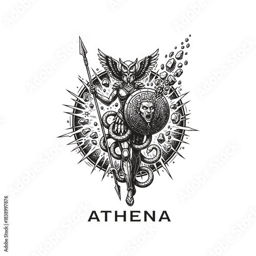 Surreal illustration of the Greek Goddess Athena, complete with an owl helmet, spear, and Aegis shield 