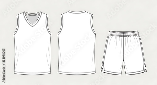 Blank white basketball jersey and shorts template, front and back view, for sports apparel design and mockup, ideal for customization