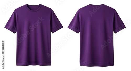 Blank purple tshirt template, front and back views, ideal for apparel mockups, branding, and custom design projects, isolated on white background