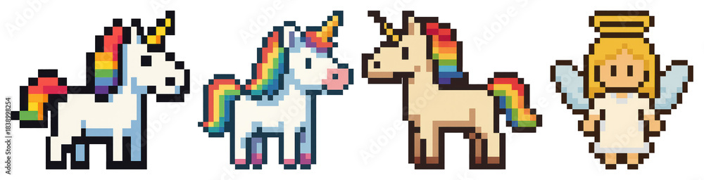 Obraz premium PNG Pixelated unicorns and angel, element set on transparent background