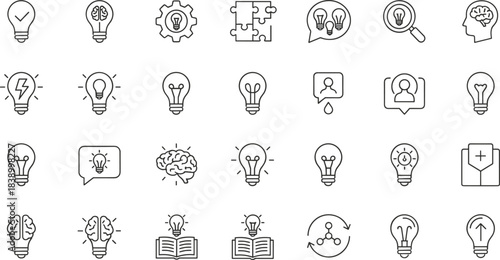 Creative idea light bulb and brain innovation icons collection featuring thinking concepts, problem solving, inspiration symbols, and modern intelligence vector illustrations