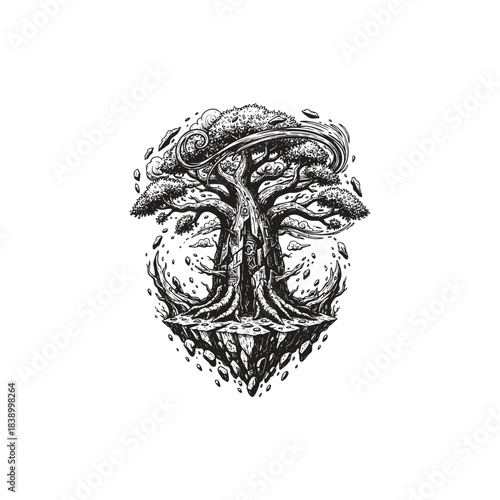 Ancient and detailed black and white illustration of a magnificent Yggdrasil-inspired tree or Baobab tree, floating on a mystical island of rock and roots, surrounded by flowing wind and small clouds