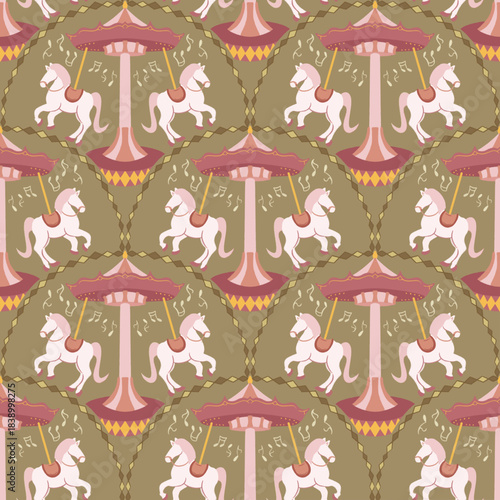 Carousel Horses Seamless Pattern – Music Box Design with Musical Note Symbol Vector