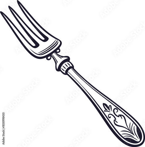 Elegant vintage dinner fork illustration with ornate handle, classic utensil drawing design
