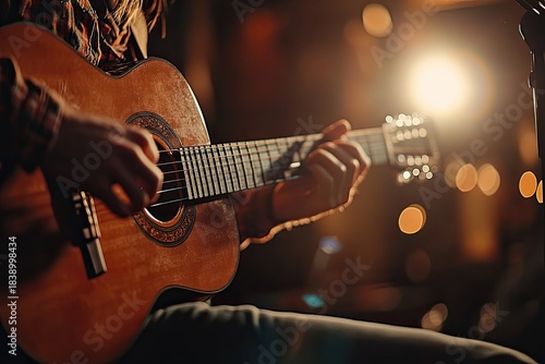 Live music performance with a singer playing an acoustic guitar on stage. Close-up of his hands and instrument.
