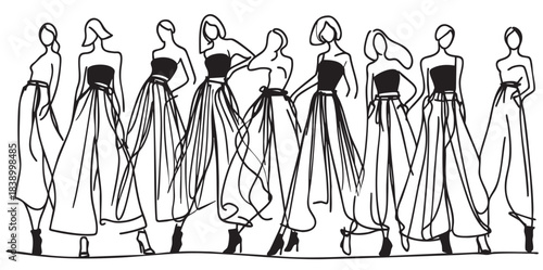 Vector illustration. Fashion models silhouette sketch in pants. Black and white