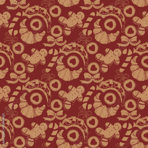 Holiday Sweet Treats Seamless Pattern on Red Background - Gingerbread, Cookies, Candy Cane, Pastries Vector