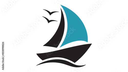Stylized sailboat and soaring birds