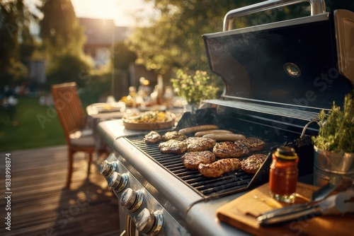 Backyard barbecue: gas grill cooking meat and sausages under warm summer light
